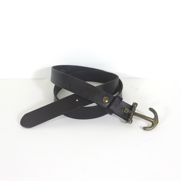 Dark Brown Leather Dress Belt Gold Brass Anchor Buckle Mens Unisex Nautical Boat - Picture 2 of 7